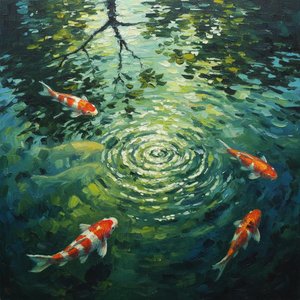 Luminous Ripples Of Serenity: A Singular Vision Of Golden Light And Koi — Laurent Blanc, Contemporary Abstract