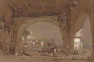 Venetians Resting Under The Arches — Samuel Prout