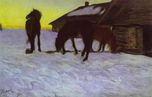 Colts At Watering-place. Domotcanovo — Valentin Alexandrovich Serov, Impressionism