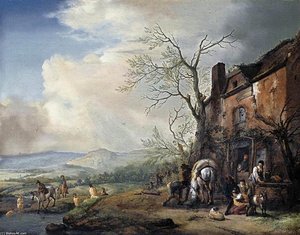 Landscape With Peasants By A Cottage — Philips Wouwerman
