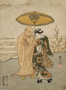 Daruma And A Young Woman In The Rain — Suzuki Harunobu