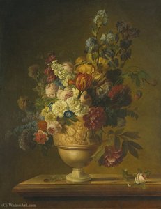 Flowers in a basket on a marble ledge