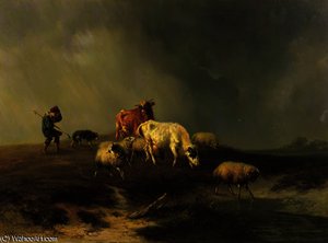 Een kudde vee door storm overvallen