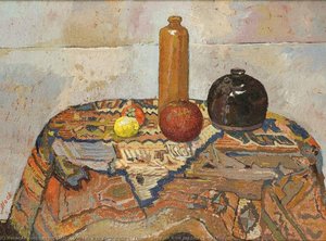 Still Life With Pomegranate, Lemon, Soy Pot, Wine Jug On Oriental Rug — Irving Block
