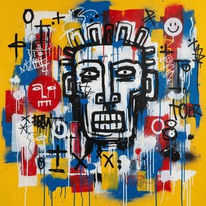 Fragmentierter Monolith: Eine Urzeitliche Maske Inmitten Von Lebendigem Urbanem Chaos Und Kinetischen Tropfen — Laurent Girard, Graffiti / Street Art