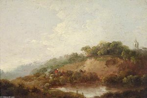 Pond With A Woody Escarpment, With Figures — George Morland