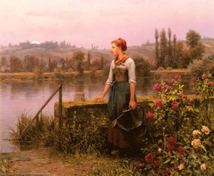 A Woman With A Watering Can By The River — Daniel Ridgway Knight