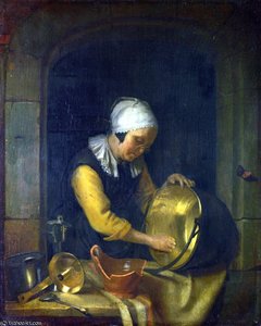 An Old Woman Scouring A Pot — Godfried Schalcken