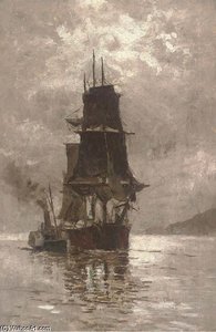 A Three-master Under Escort At Dusk