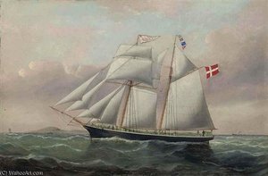 The Danish Topsail Schooner Hansine Of Thuro Under Full Sail Off The South Stack Lighthouse — William H Yorke