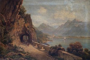 Alpine Lakeside View, With A Three Horse Coach — John Bonny