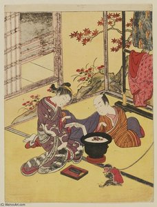 Courtesan, Client, And Pet Monkey — Suzuki Harunobu