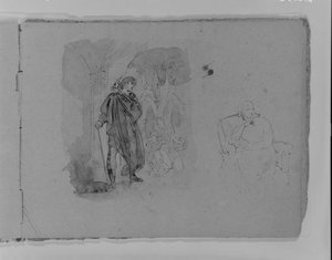 Man In Cape With Staff Watching Melee; Seated Woman — Thomas Sully