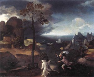 St Christopher Bearing The Christ Child — Joachim Patenier, Atmospheric Landscape Painting