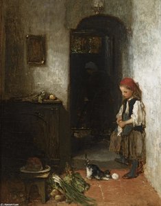 A Girl With A Playing Kitten — Jacob Henricus Maris