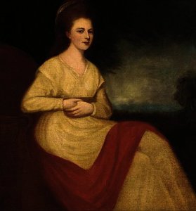 Portrait Of A Lady, Seated Three-quarter-length, In A Cream Dress And Red Wrap — George Romney
