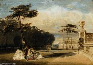 Figures in van dyke costume in the grounds of a château