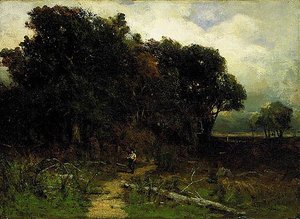 Untitled (landscape, Woodcutter On Path), (painting) — Edward Mitchell Bannister, Tonalist