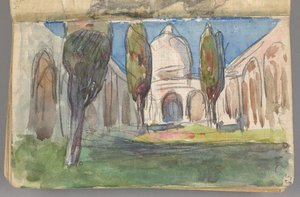 Sketchbook No. 2 - Landscape Study - Moorish Arcaded Courtyard With Cypresses; Study Of A Woman With Fan - Two-page Drawing — Jan Grzegorz Stanisławski