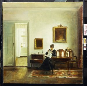 A Woman Sewing In An Interior — Carl Vilhelm Holsoe