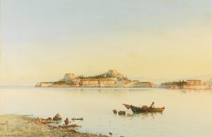 Watercolour View Of The Venetian Fortress On The Headland Of Corfu Town By Spyridon Scarvelli, Signed Lower Left, 280 X 430mm., Framed And Glazed — Spyridon Scarvelli