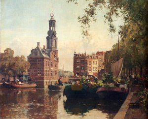 The flowermarket on the singel amsterdam with the munttoren beyond