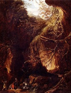 Figures By A Waterfall In A Wooded Landscape — Hubert Robert