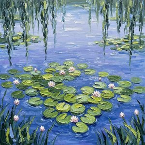 Serene Reflections Of Periwinkle Waters And Floating Verdant Lily Blooms — Christian Noiret, Contemporary Abstract Painting
