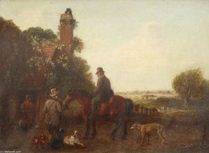 Two Sportsmen Outside A Cottage, One On Horseback, With Dogs — Edmund Bristow