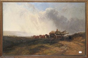 A Team Of Horses And Fiigures Hauling Timber On A Cart In An Open Landscape — George Cole Senior