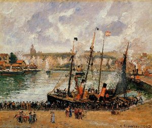 The Inner Harbor, Dieppe: High Tide, Morning, Grey Weather — Camille Pissarro