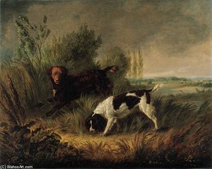 Spaniels In A Wooded River Landscape — Edmund Bristow