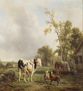 Taureau Blanc Et Autres Animaux Dans Un Paysage — Jacques Raymond Brascassat