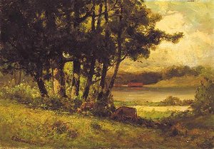 Untitled (landscape With Cows Grazing Near River), (painting) — Edvard Mičel Banister, Tonalist