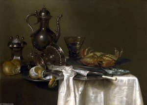 Still Life - Pewter And Silver Vessels And A Crab — Willem Claesz Heda