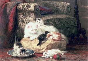 Cat With Her Kittens On A Cushion — Henriette Ronner Knip