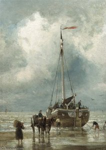 Fishermen Unloading A Bomschuit — Cornelis Christiaan Dommelshuizen