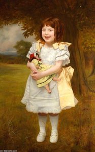 Portrait Of A Small Girl Standing With A Doll — Charles Spencelayh