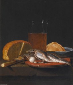 Still life with mackerel, bread, a pewter plate and a glass of beer on a table