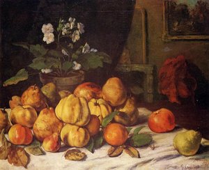 Still Life: Apples, Pears And Flowers On A Table, Saint Pelagie — Gustave Courbet