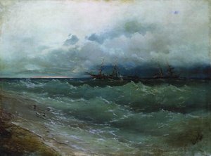 Ships In The Stormy Sea. Sunrise — Ivan Konstantinovich Aivazovsky, Romanticism