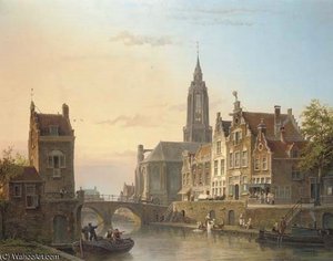 A View Of A Canal In A Dutch Town — Cornelis Christiaan Dommelshuizen