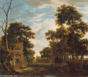 A Wooded Landscape With A Dog Barking At A Swineherd — Anthonie Waterloo