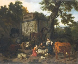 Landscape With Herdsmen And Cattle Near A Tomb, Dirck Van Bergen, 1660 - 1690 — Dirck Van Den Bergen