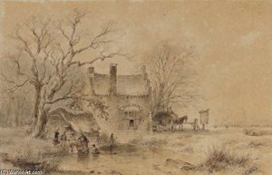 A Winter Landscape With Figures By A Frozen Pond, A Village In The Distance — Andreas Schelfhout