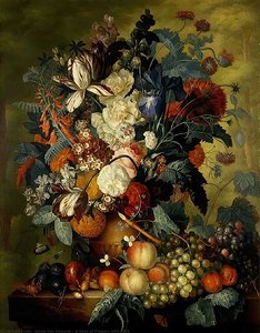 A Vase Of Flowers With Fruit — Jacob Van Huysum, Baroque