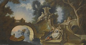 An Outdoor Scene With Elegant Figures Reclining On Riverside Steps Beside A Bridge — Jacques De Lajoue