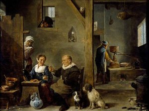 A Distillery With An Elderly Man Buying Gin From A Woman — David Teniers The Younger, Baroque