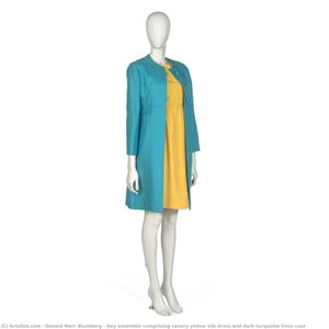 Day ensemble comprising canary yellow silk dress and dark turquoise linen coat