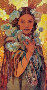 Native American Woman with Flowers and Feathers